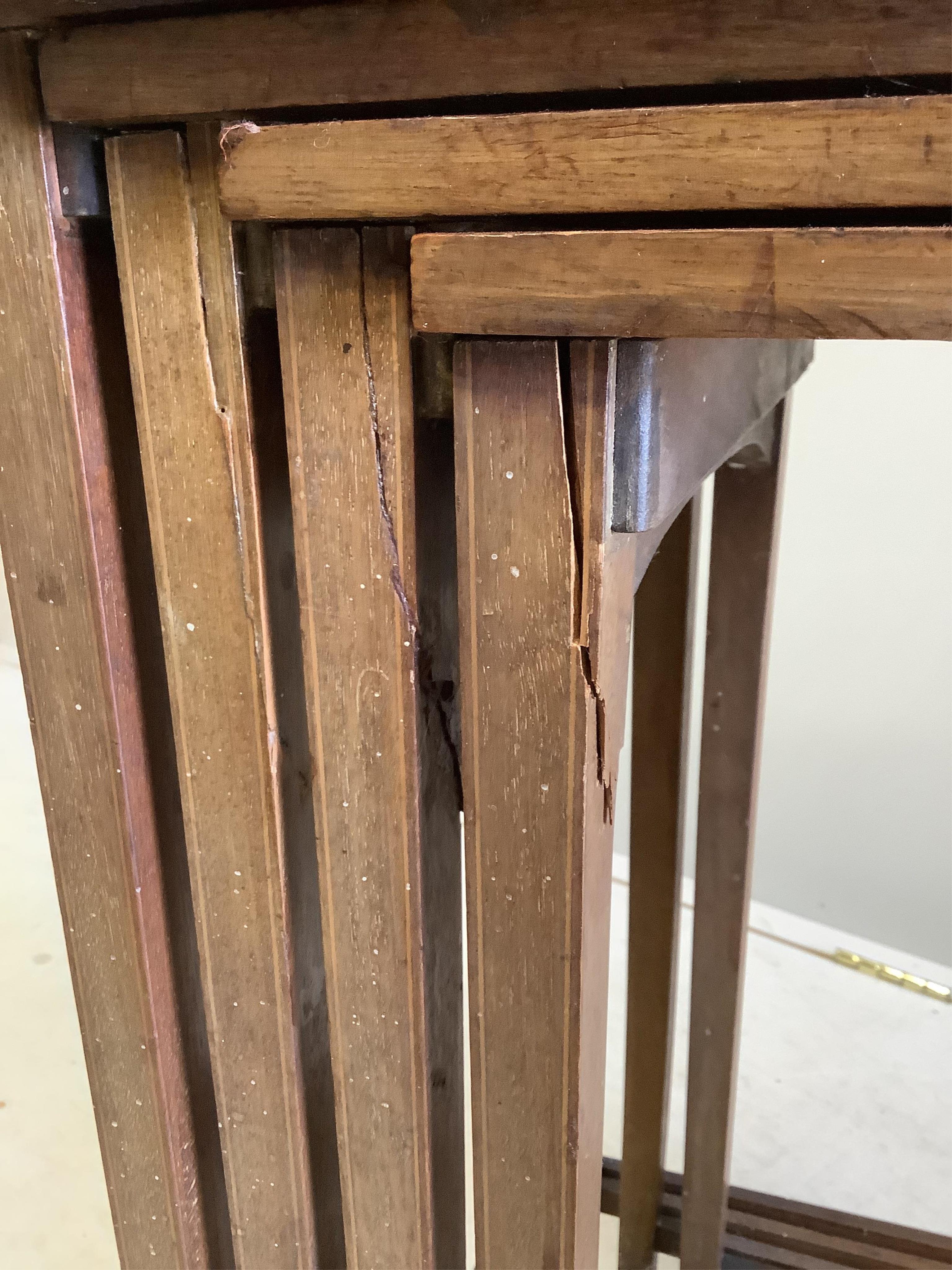 A quartetto of Edwardian satinwood banded mahogany tea tables, on splayed legs, width 54cm, depth 33cm, height 71cm (in need of repair)